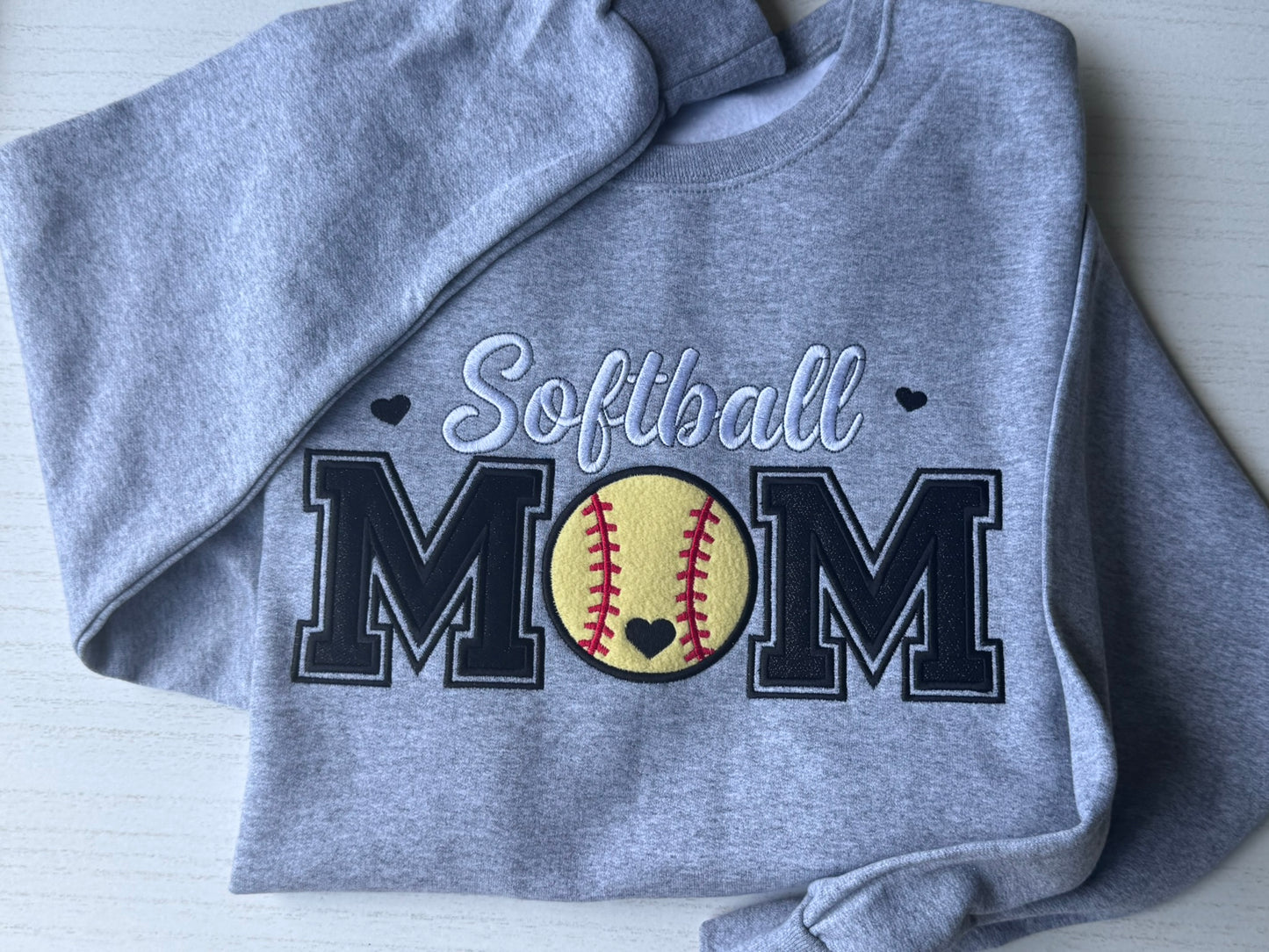 Embroidered Softball Mom Sweatshirt | Varsity Appliqué Crewneck | Custom Sleeve Name | It's So Cute®