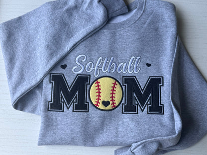 Embroidered Softball Mom Sweatshirt | Varsity Appliqué Crewneck | Custom Sleeve Name | It's So Cute®