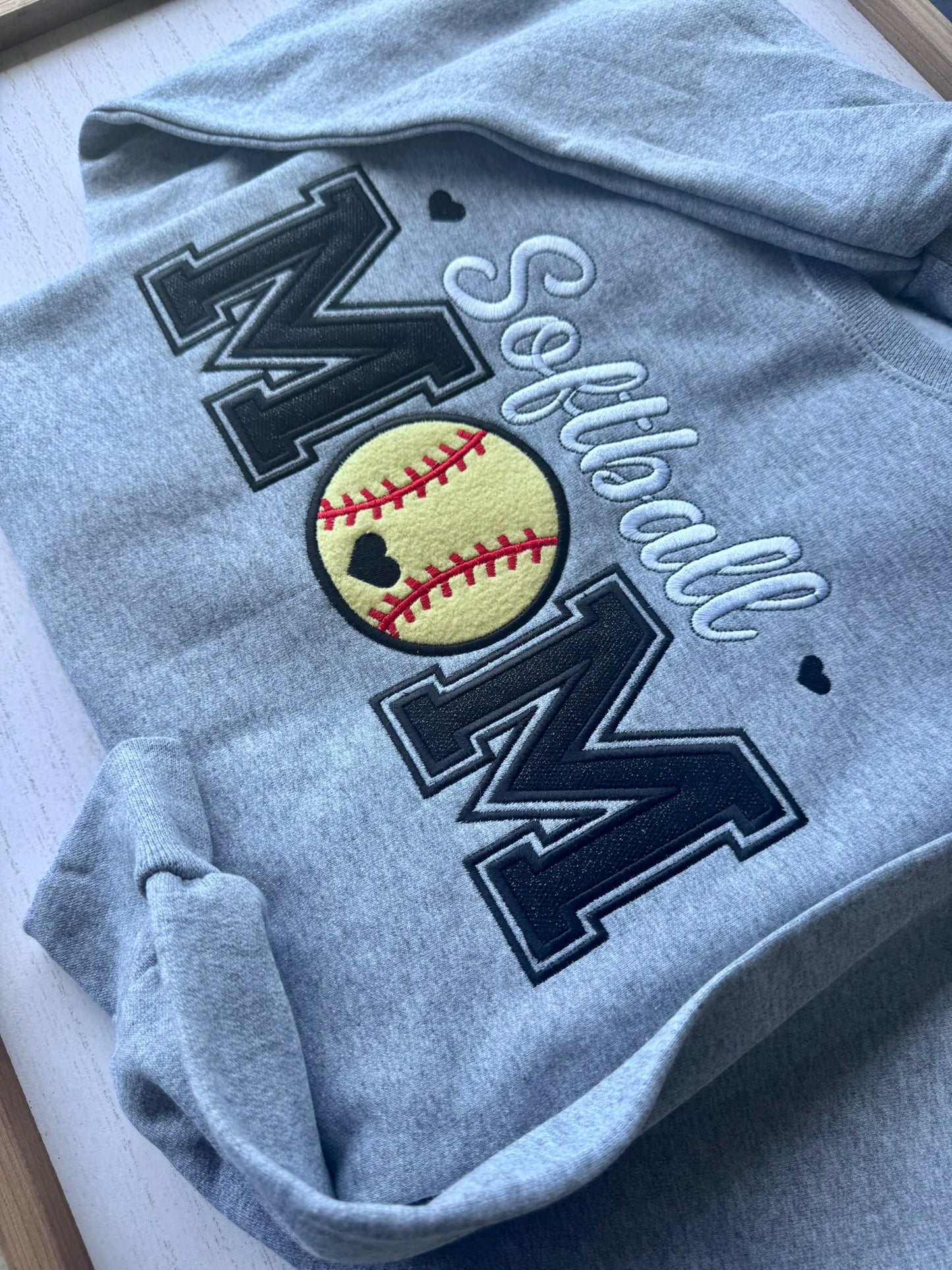 Embroidered Softball Mom Sweatshirt | Varsity Appliqué Crewneck | Custom Sleeve Name | It's So Cute®