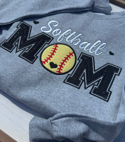Embroidered Softball Mom Sweatshirt | Varsity Appliqué Crewneck | Custom Sleeve Name | It's So Cute®