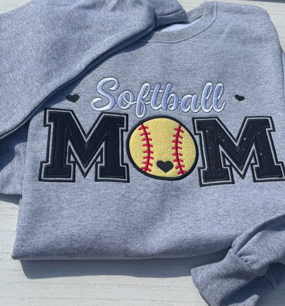 Embroidered Softball Mom Sweatshirt | Varsity Appliqué Crewneck | Custom Sleeve Name | It's So Cute®