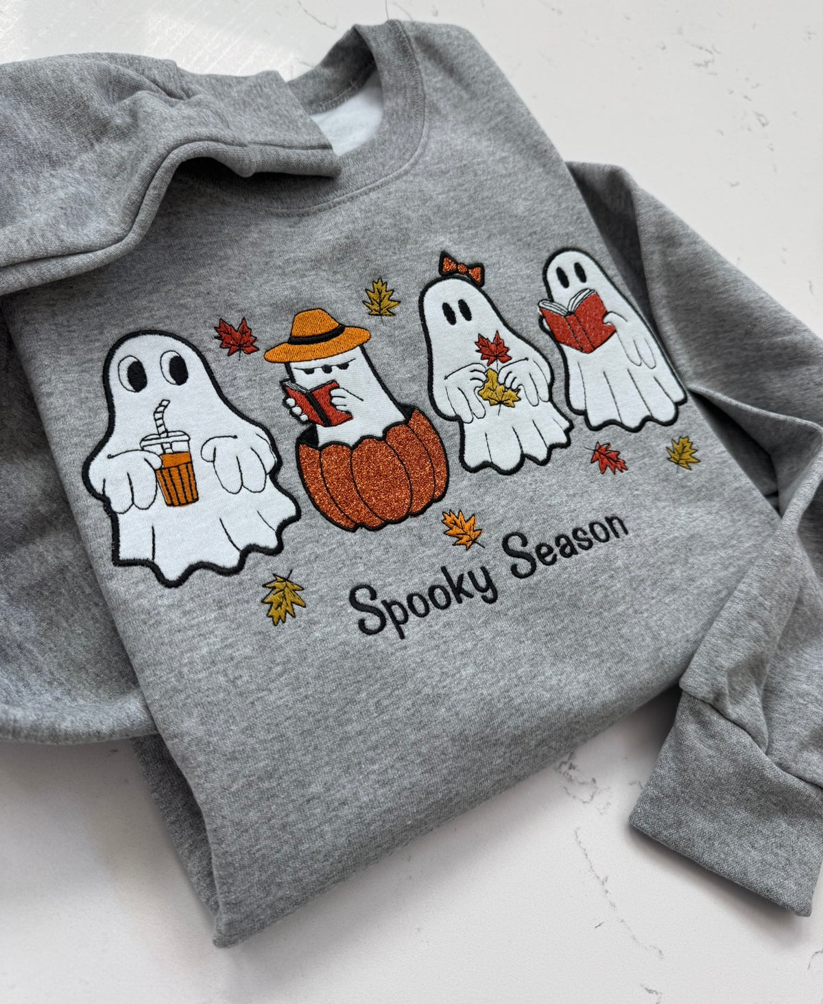 Gray Spooky Season sweatshirt with four embroidered Halloween ghosts and fall accents