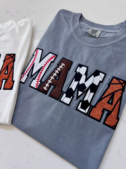 Close-up of baseball football soccer and basketball details in the MAMA appliqué design