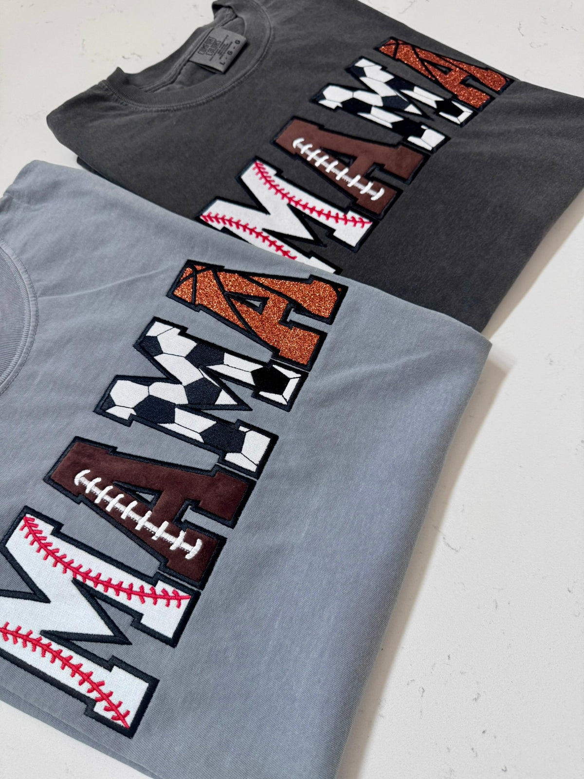 Multi-Sport MAMA Comfort Colors long-sleeve shirt with four sports appliqué design