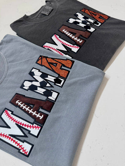 Multi-Sport MAMA Comfort Colors long-sleeve shirt with four sports appliqué design