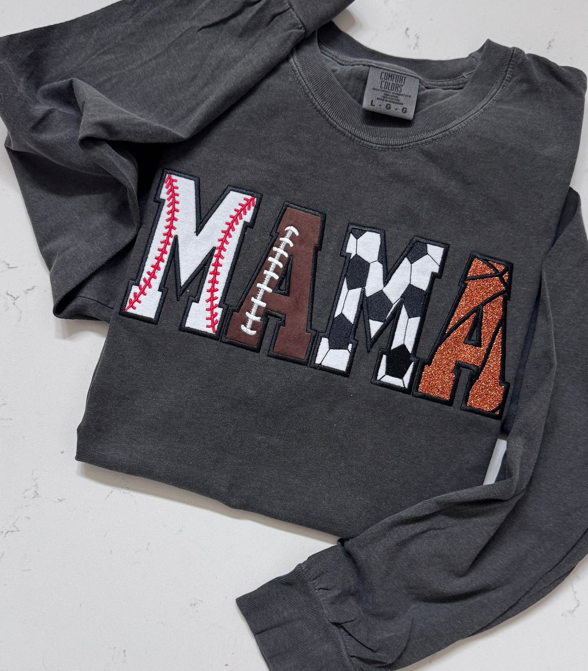 Dark Comfort Colors Multi-Sport MAMA shirt with embroidered and appliqué letters
