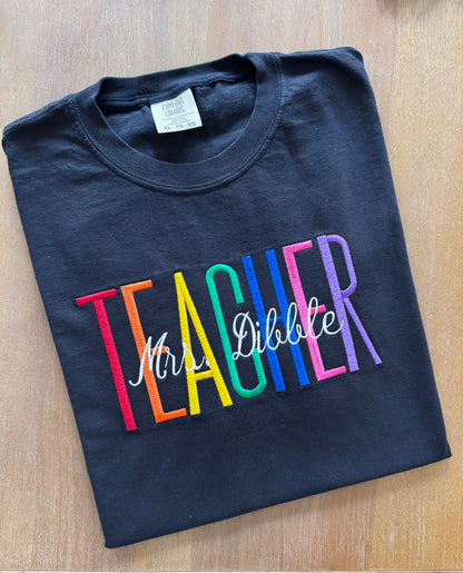 Personalized Embroidered Teacher Shirt | Custom Rainbow Last Name | Teacher Gift