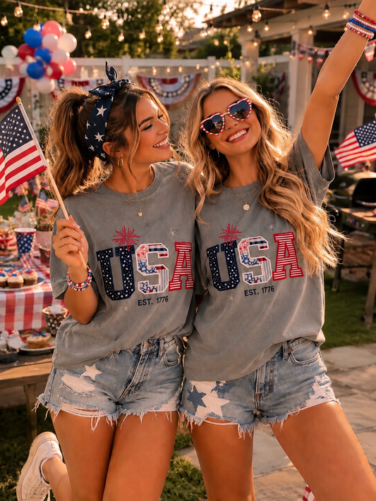 USA EST. 1776 Embroidered Tee | Comfort Colors | 4th of July Patriotic Shirt