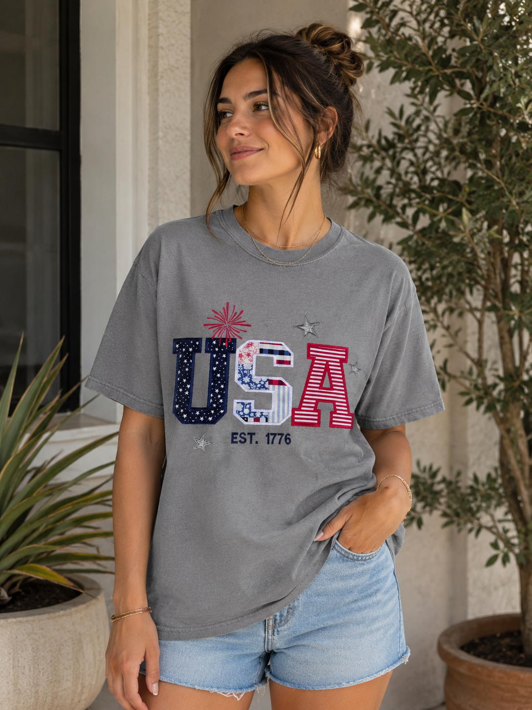 USA EST. 1776 Embroidered Tee | Comfort Colors | 4th of July Patriotic Shirt