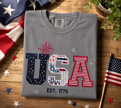 USA EST. 1776 Embroidered Tee | Comfort Colors | 4th of July Patriotic Shirt