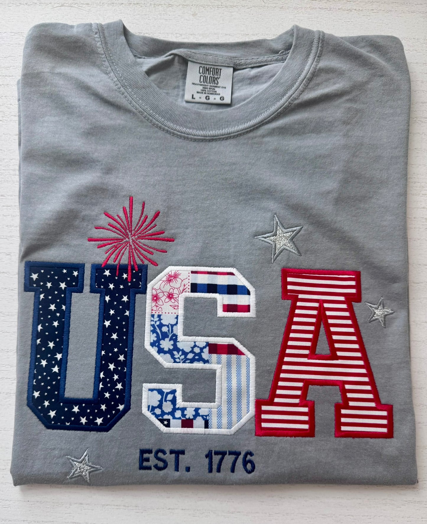 USA EST. 1776 Embroidered Tee | Comfort Colors | 4th of July Patriotic Shirt