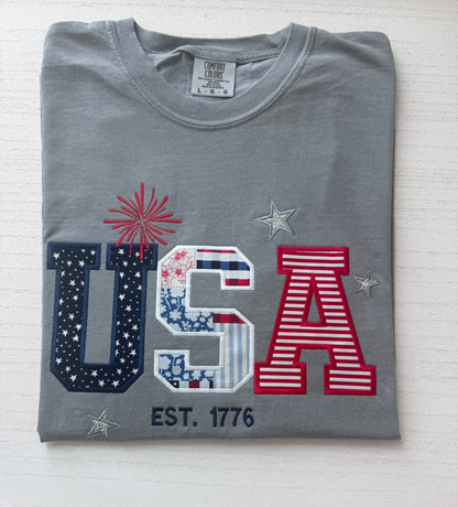USA EST. 1776 Embroidered Tee | Comfort Colors | 4th of July Patriotic Shirt