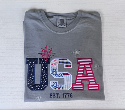 USA EST. 1776 Embroidered Tee | Comfort Colors | 4th of July Patriotic Shirt
