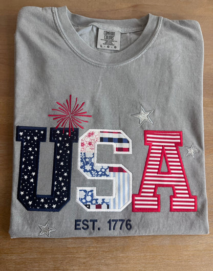 USA EST. 1776 Embroidered Tee | Comfort Colors | 4th of July Patriotic Shirt