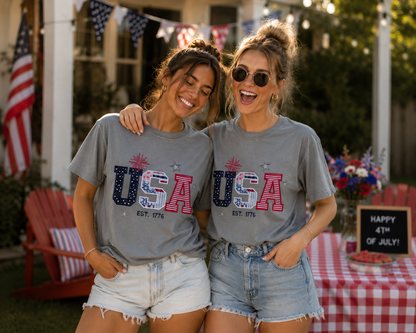 USA EST. 1776 Embroidered Tee | Comfort Colors | 4th of July Patriotic Shirt