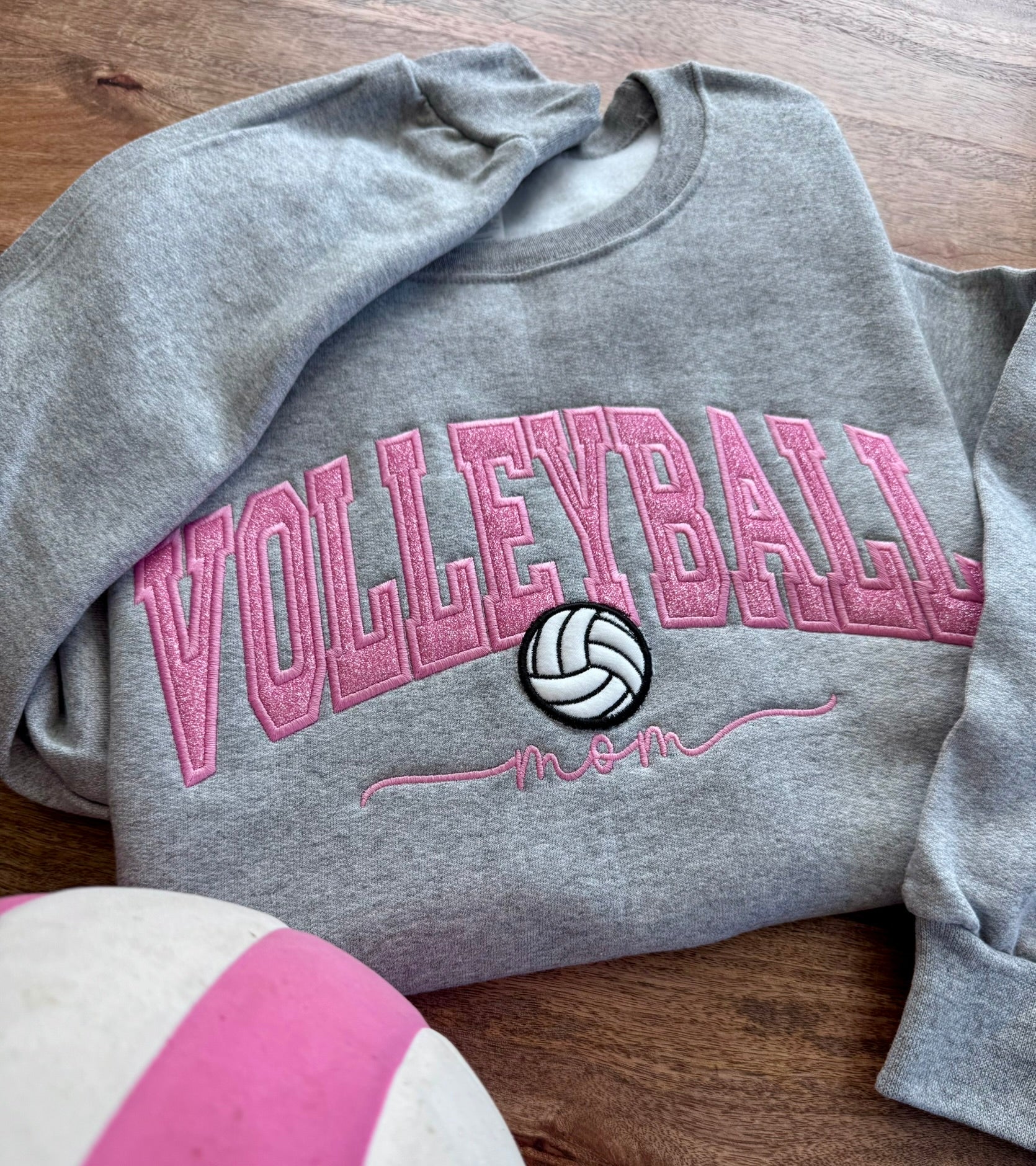 Personalized volleyball sweatshirt with pink sparkle appliqué and volleyball