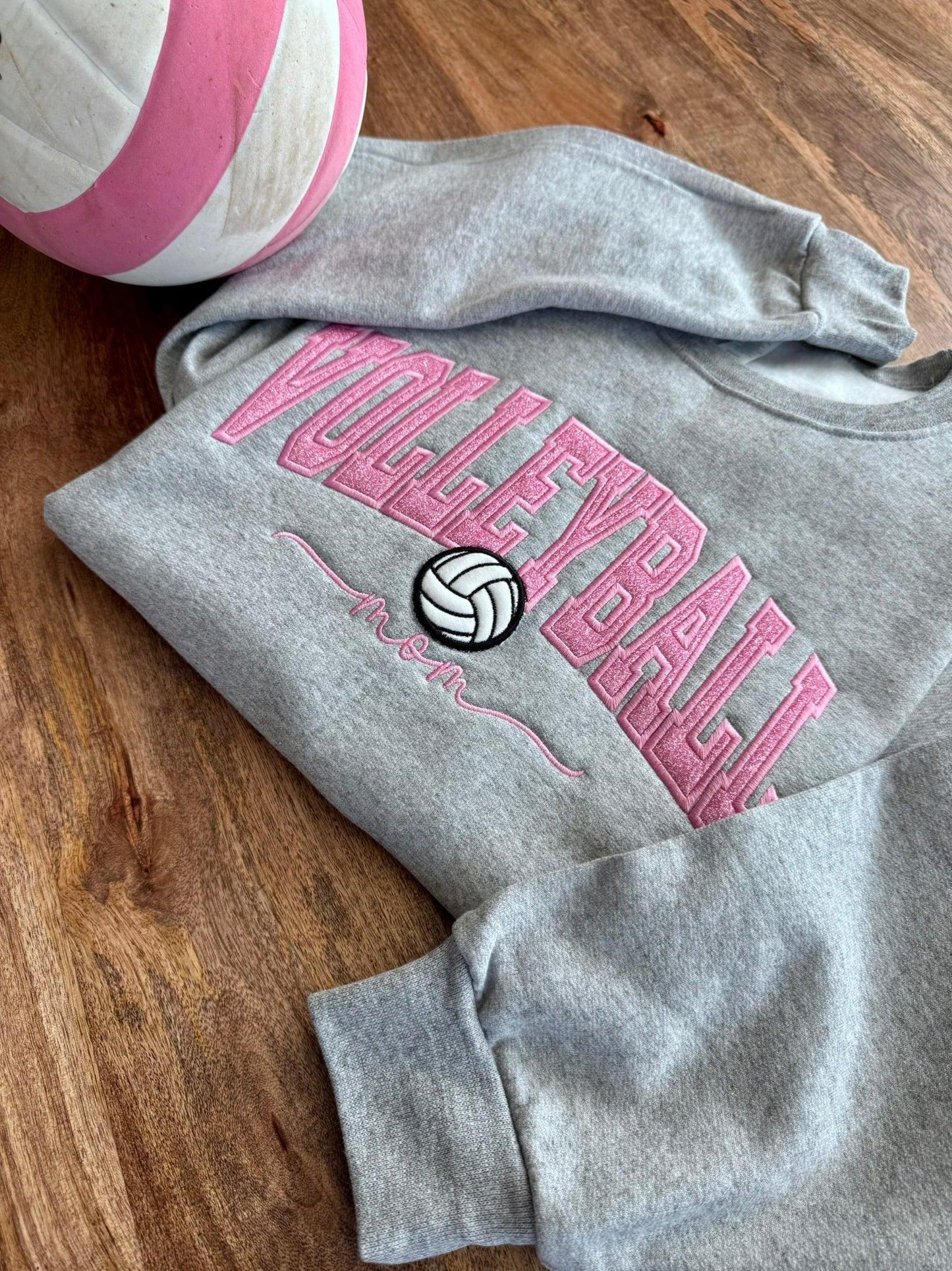 Heather Gray Sweatshirt with sparkle pink Volleyball and custom the title for mom, grandma, grammy