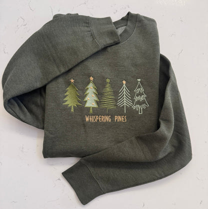 Cozy forest green heather sweatshirt embroidered with five pine trees 