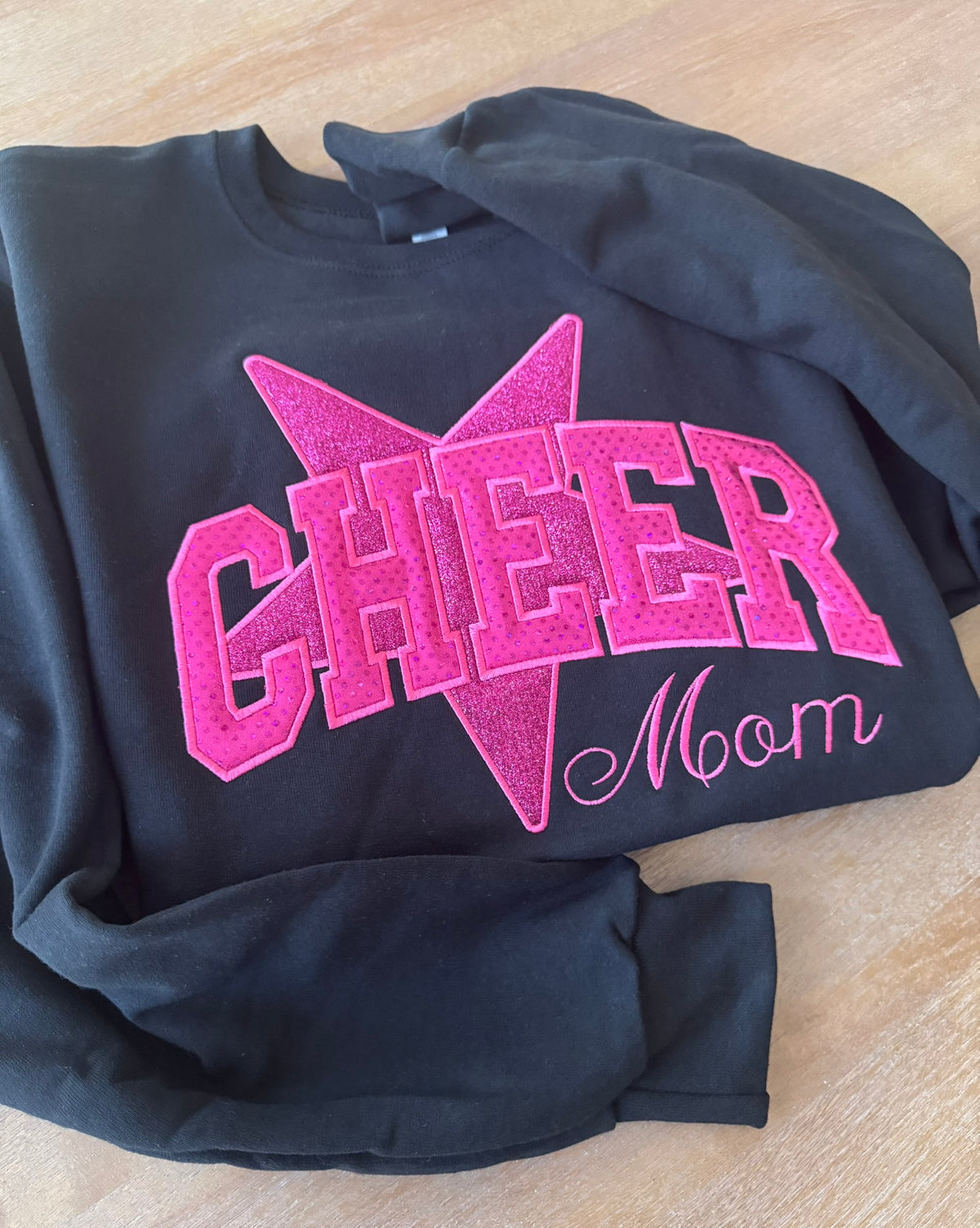 Personalized Cheer varsity sweatshirt with pink dual-fabric sparkle appliqué and optional Mom title