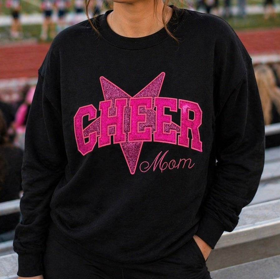 Black Cheer hoodie with hot pink sparkle appliqué and personalized embroidered title