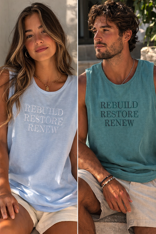 Rebuild Restore Renew embroidered tank top in Seafoam Comfort Colors
