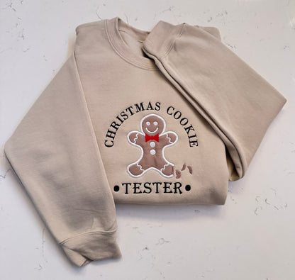 Neutral Christmas Cookie Tester sweatshirt with gingerbread appliqué and embroidered holiday lettering