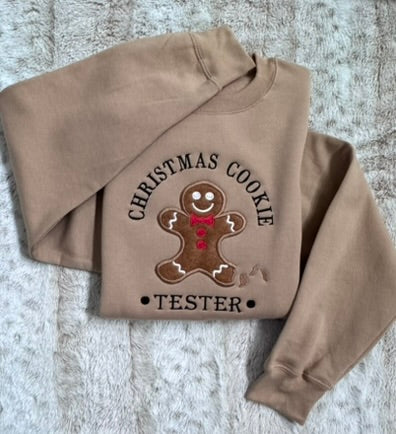 Cozy  cookie tester unisex brown Christmas sweatshirt for baking, cookie exchanges, and holiday gathering