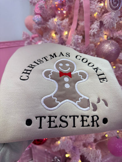 Neutral holiday sweatshirt with embroidered gingerbread cookie design and Christmas Cookie Tester text