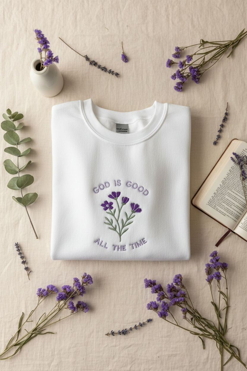God Is Good All The Time Embroidered Sweatshirt | Floral Christian Crewneck | Faith Gift
