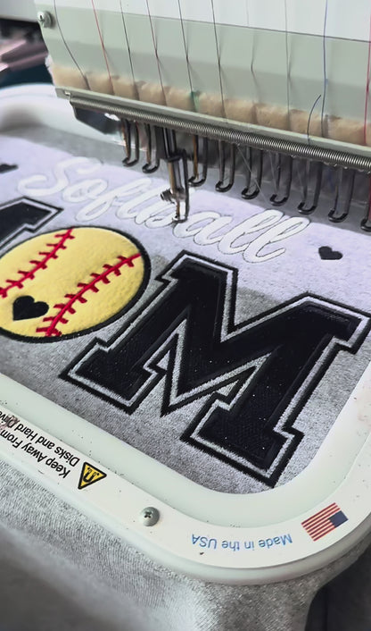 Embroidered Softball Mom Sweatshirt | Varsity Appliqué Crewneck | Custom Sleeve Name | It's So Cute®