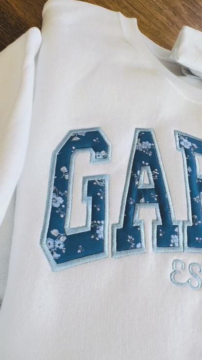Custom Name Floral Appliqué Embroidered Sweatshirt | Personalized Last Name or Team